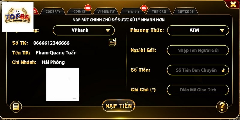 Nạp tiền TOP88 được hệ thống hỗ trợ nhiều phương thức khác nhau